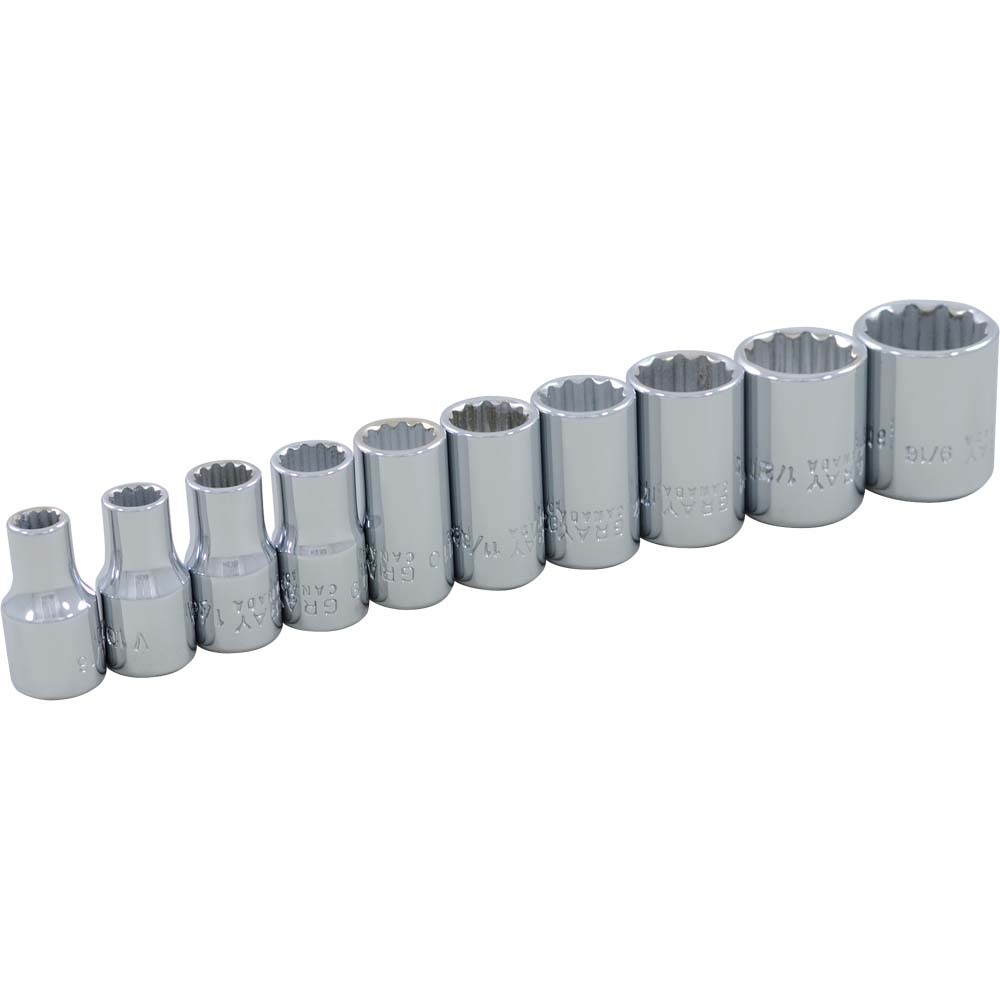 10 Piece 1/4&#34; Drive, 12 Point SAE Standard, Chrome Socket Set, 3/16&#34; - 9/16&#34;