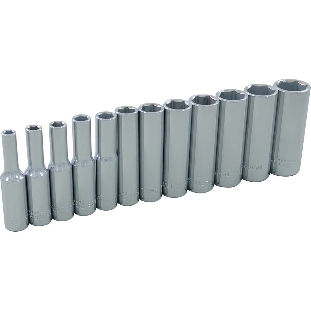 12 Piece 1/4&#34; Drive, 6 Point Metric Deep, Chrome Socket Set, 4mm - 14mm