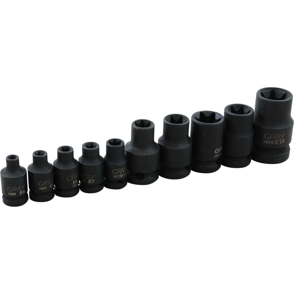 10 Piece 1/4, 3/8, 1/2&#34; Drive, Female Torx Impact Socket Set, E4 - E18