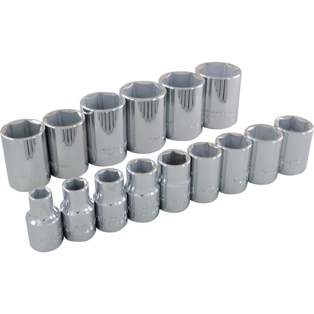 15 Piece 1/2&#34; Drive 6 Point SAE, Standard Chrome Socket Set, 3/8&#34; - 1-1/4&#34;