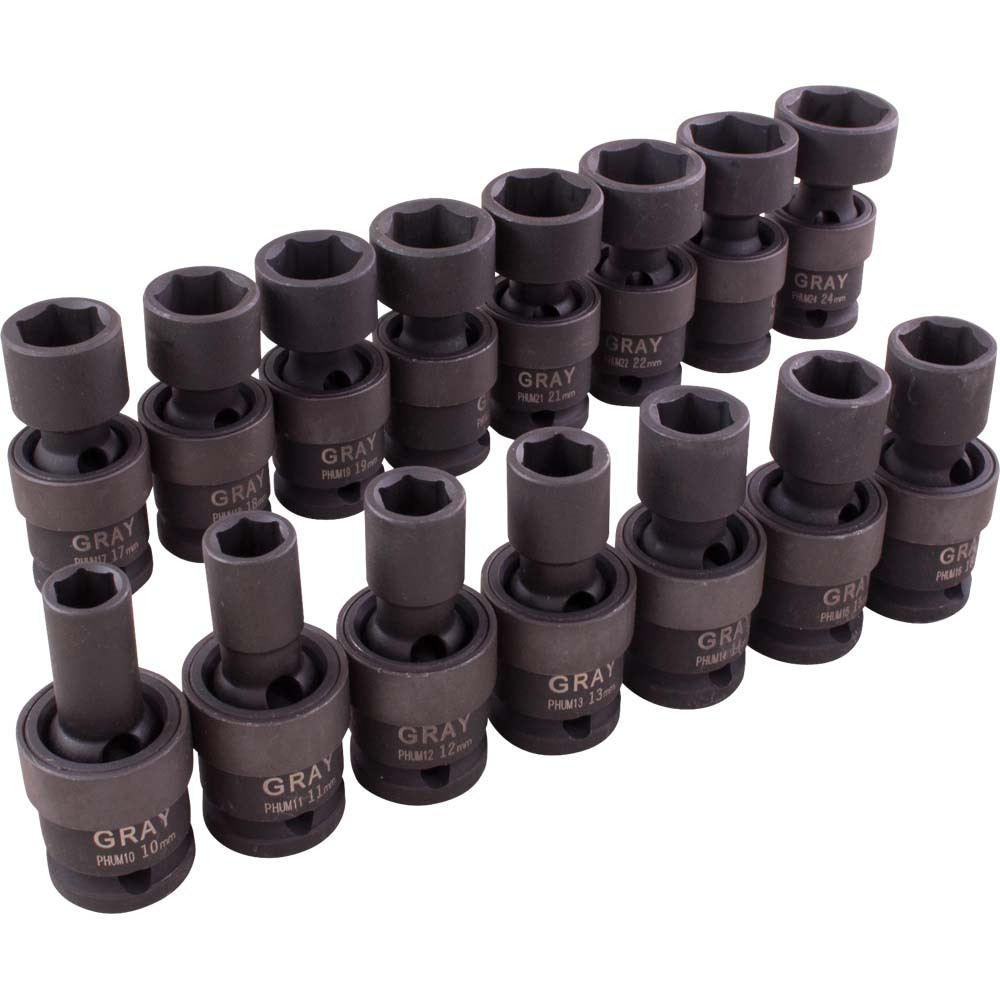 15 Piece 1/2&#34; Drive 6 Point Metric, Standard Impact Universal Joint Socket Set, 10mm - 24mm