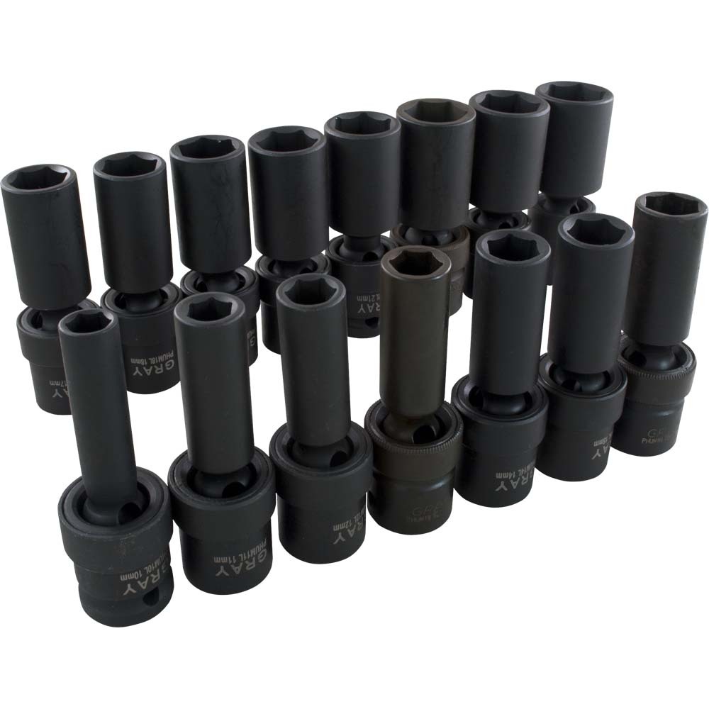 15 Piece 1/2&#34; Drive 6 Point Metric, Deep Impact Universal Joint Socket Set, 10mm - 24mm