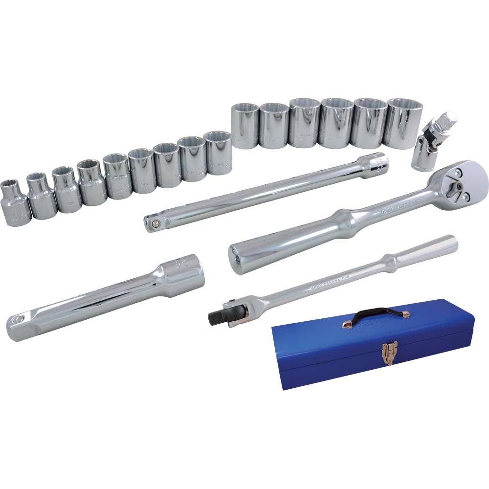 20 Piece 1/2&#34; Drive 12 Point SAE, Standard Chrome Socket & Attachment Set