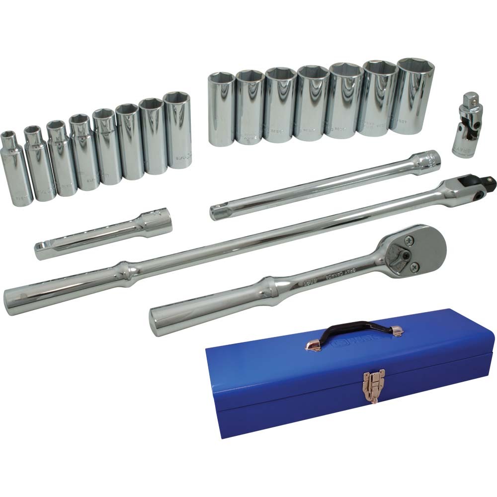 20 Piece 1/2&#34; Drive 6 Point SAE, Deep Chrome Socket & Attachment Set