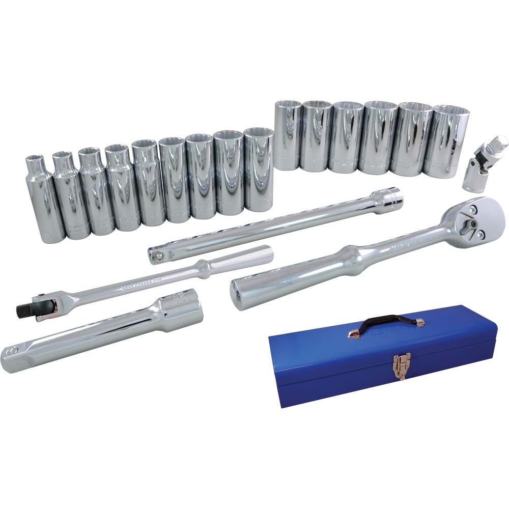 20 Piece 1/2&#34; Drive 12 Point SAE, Deep Chrome Socket & Attachment Set