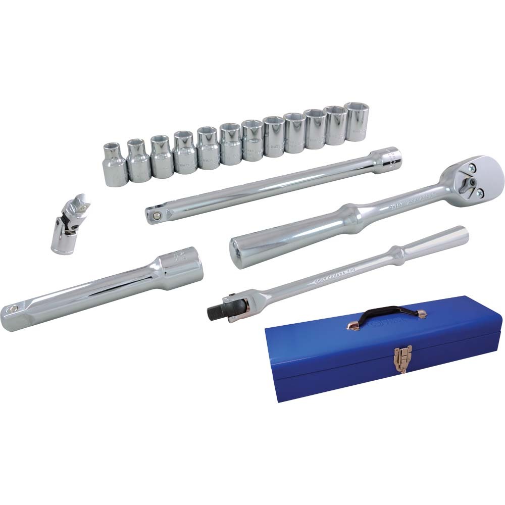 17 Piece 1/2&#34; Drive 6 Point Metric, Standard Chrome Socket & Attachment Set