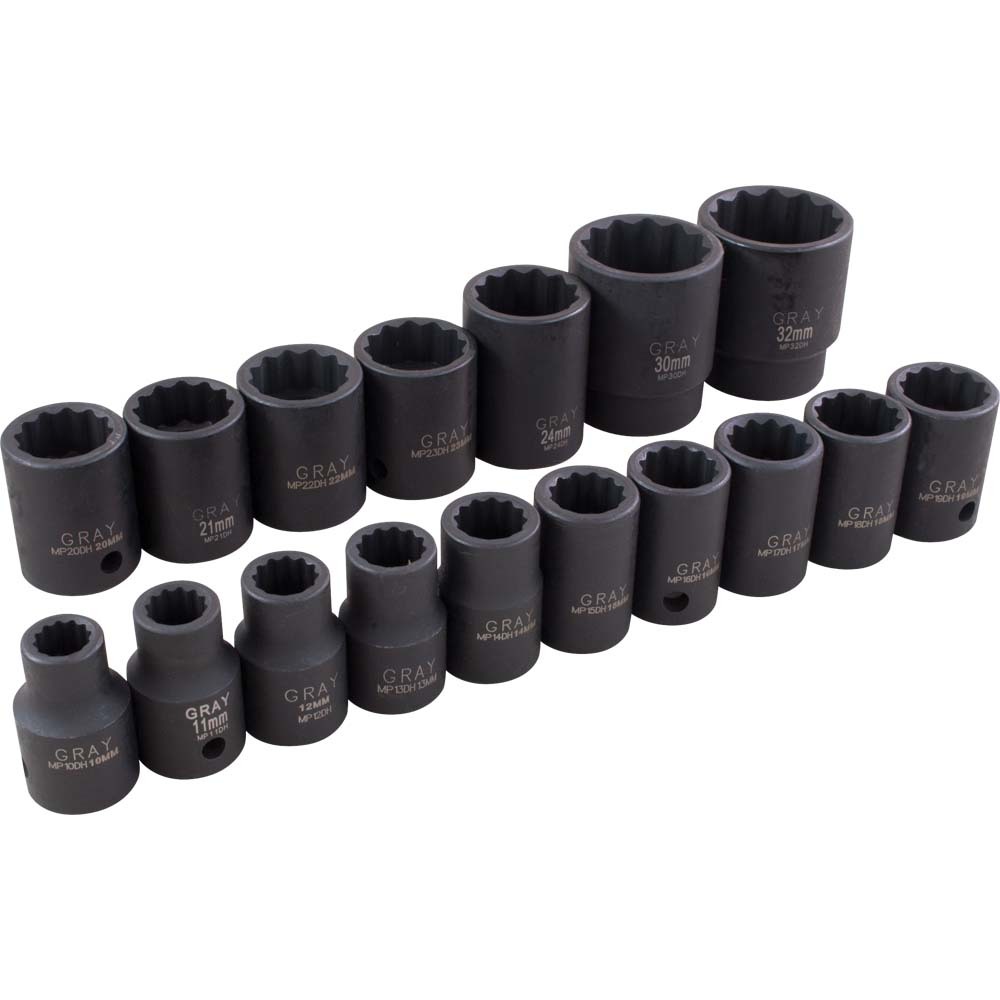 17 Piece 1/2&#34; Drive 12 Point Metric, Standard Impact Socket Set, 10mm - 32mm