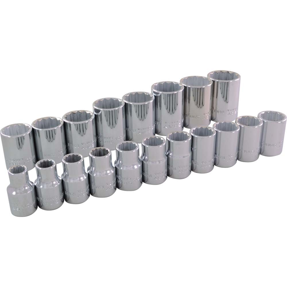 19 Piece 1/2&#34; Drive 12 Point Metric, Standard Chrome Socket Set, 10mm - 28mm