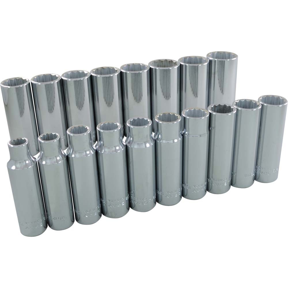 18 Piece 1/2&#34; Drive 12 Point Metric, Deep Chrome Socket Set, 10mm - 27mm