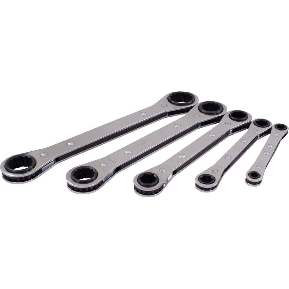 5 Piece 6 & 12 Point SAE, Flat Ratcheting Box Wrench Set, 1/4&#34; X 5/16&#34; - 3/4&#34; X 7/8&#34;