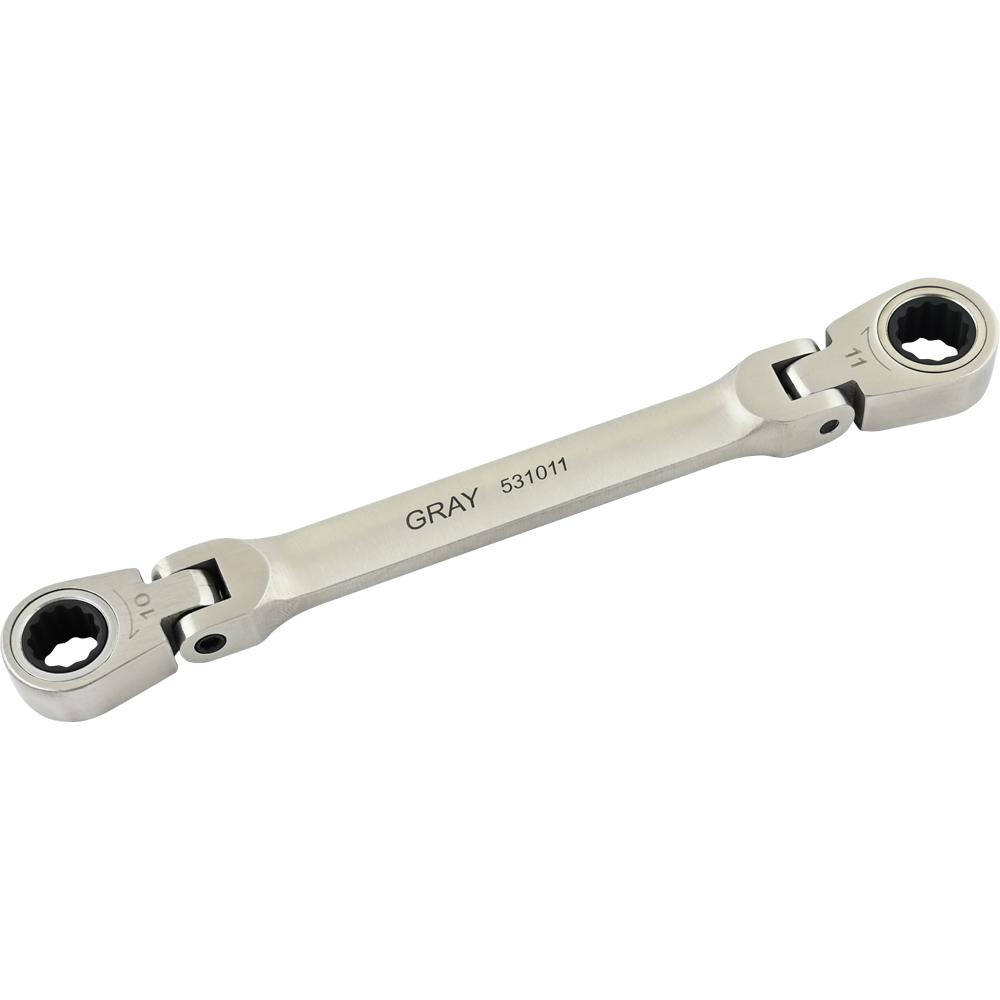 10mm X 11mm Double Box End, Flex Head Ratcheting Wrench, Stainless Steel Finish