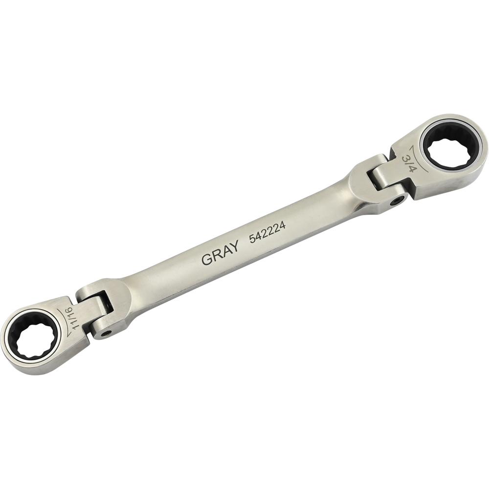 11/16&#34; X 3/4&#34; Double Box End, Flex Head Ratcheting Wrench, Stainless Steel Finish