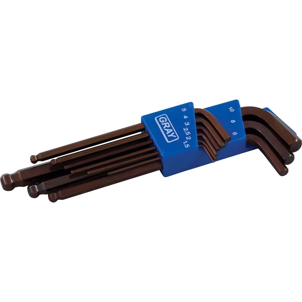 9 Piece Metric, Long Arm Ball S2 Hex Key Set, 1.5mm - 10mm