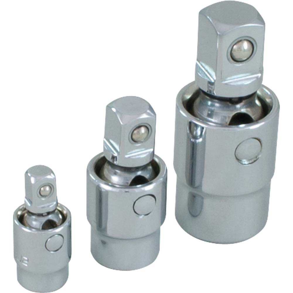 3 Piece Chrome Swivel Universal Joint Set, 1/4&#34;, 3/8&#34; & 1/2&#34;