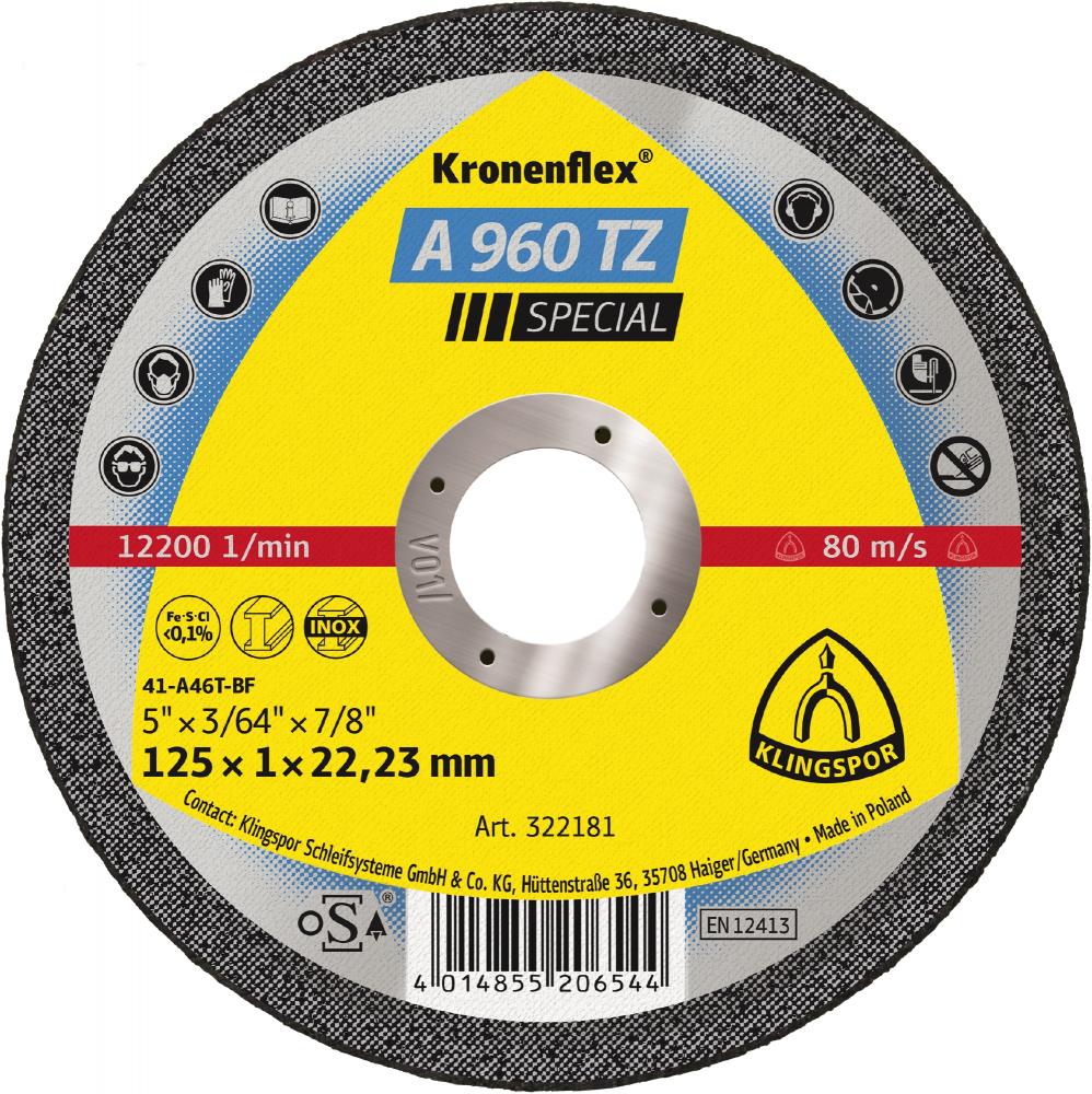 A 960 TZ cutting-off wheels, 5 x 3/64 x 7/8 Inch depressed centre