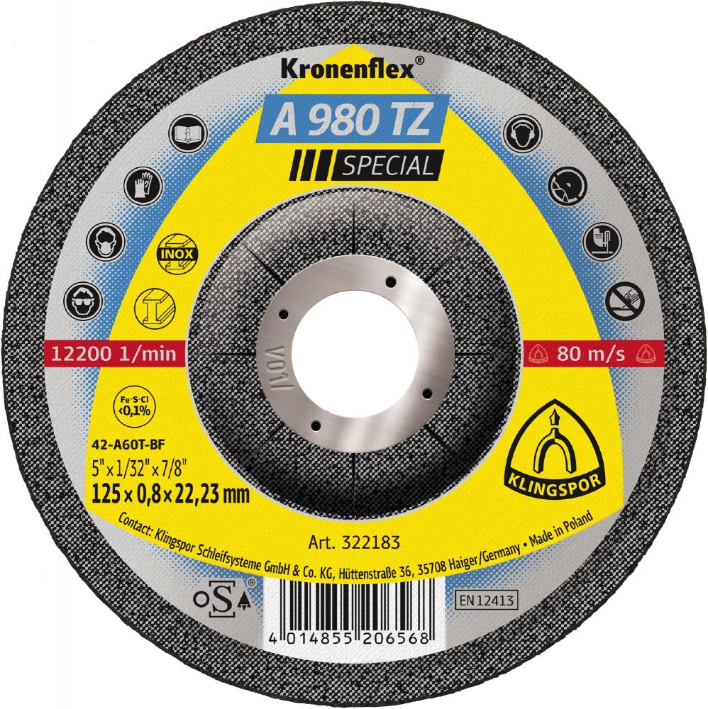 A 980 TZ cutting-off wheels, 5 x 1/32 x 7/8 Inch depressed centre