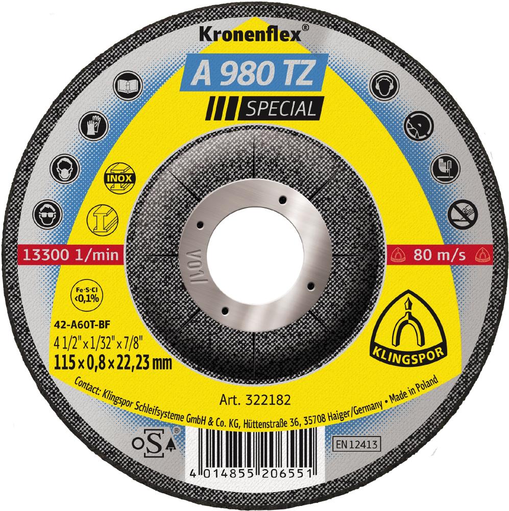 A 980 TZ cutting-off wheels, 4-1/2 x 1/32 x 7/8 Inch depressed centre
