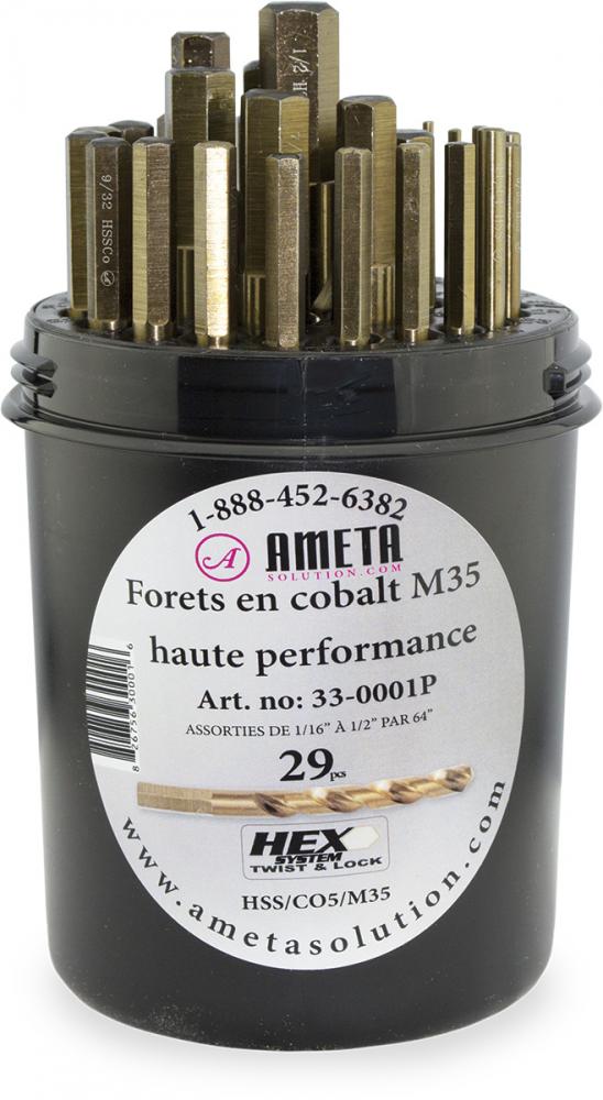 29-PC FRACTIONAL DRILL BIT SET, 1/16&#34; TO 1/2&#34; BY 64&#34;, HIGH DENSITY PLASTIC CONTAINER