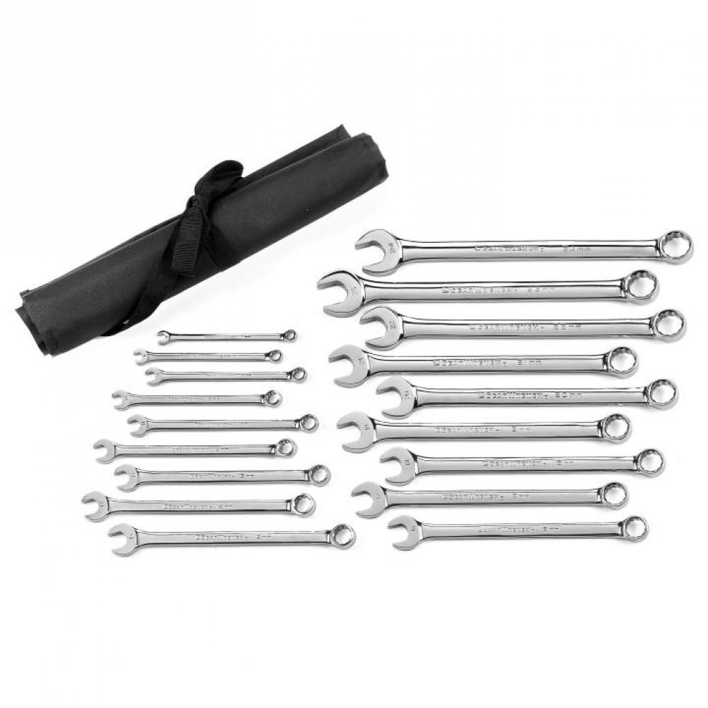 18 Pc. 12 Point Metric Long Pattern Combination Wrench Set with Wrench Roll