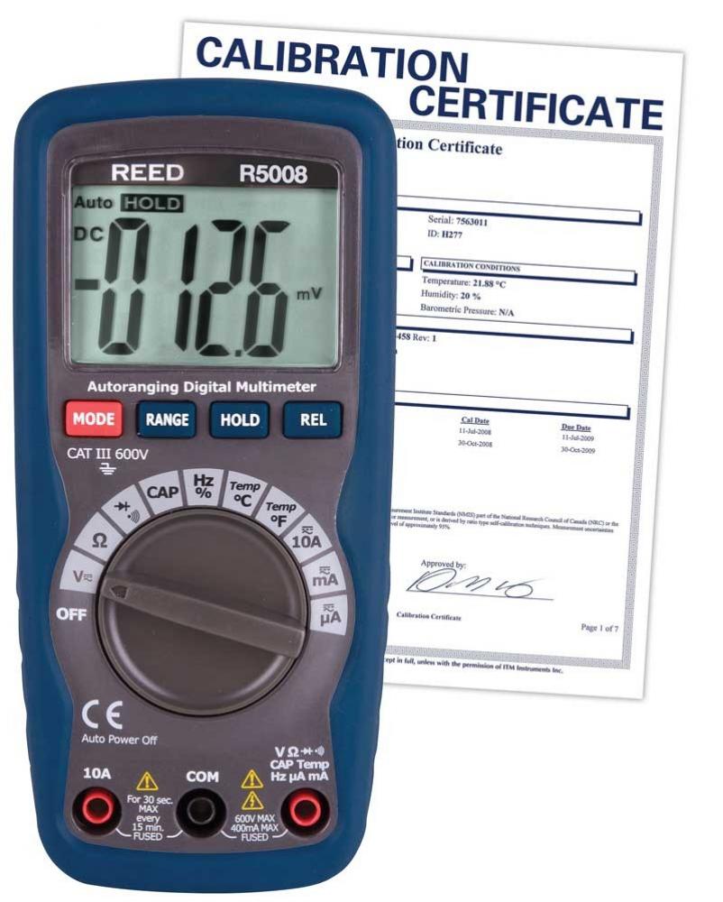 REED R5008 Compact Digital Multimeter with Temperature, includes NIST Traceable Certification