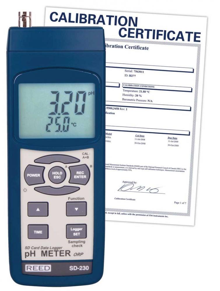 REED SD-230 SD Series pH/ORP Datalogger, 0.00 to 14.00 pH / 0-1999 mV, includes NIST Traceable