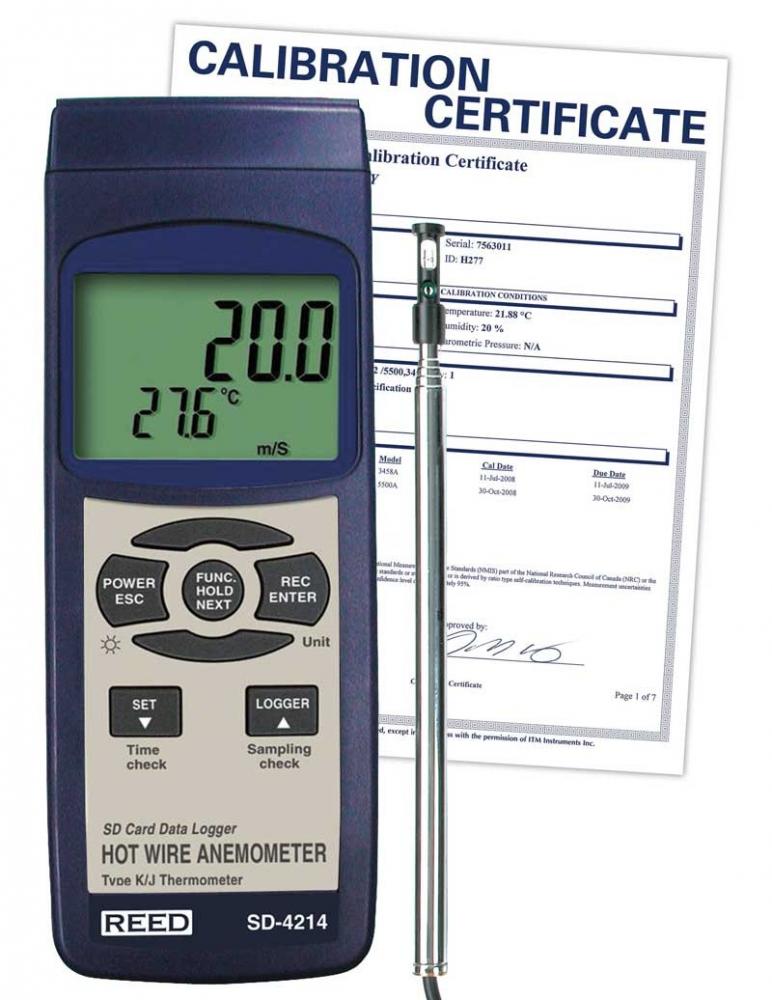 REED SD-4214-NIST SD Series Hot Wire Thermo-Anemometer, Datalogger, with Temperature, includes