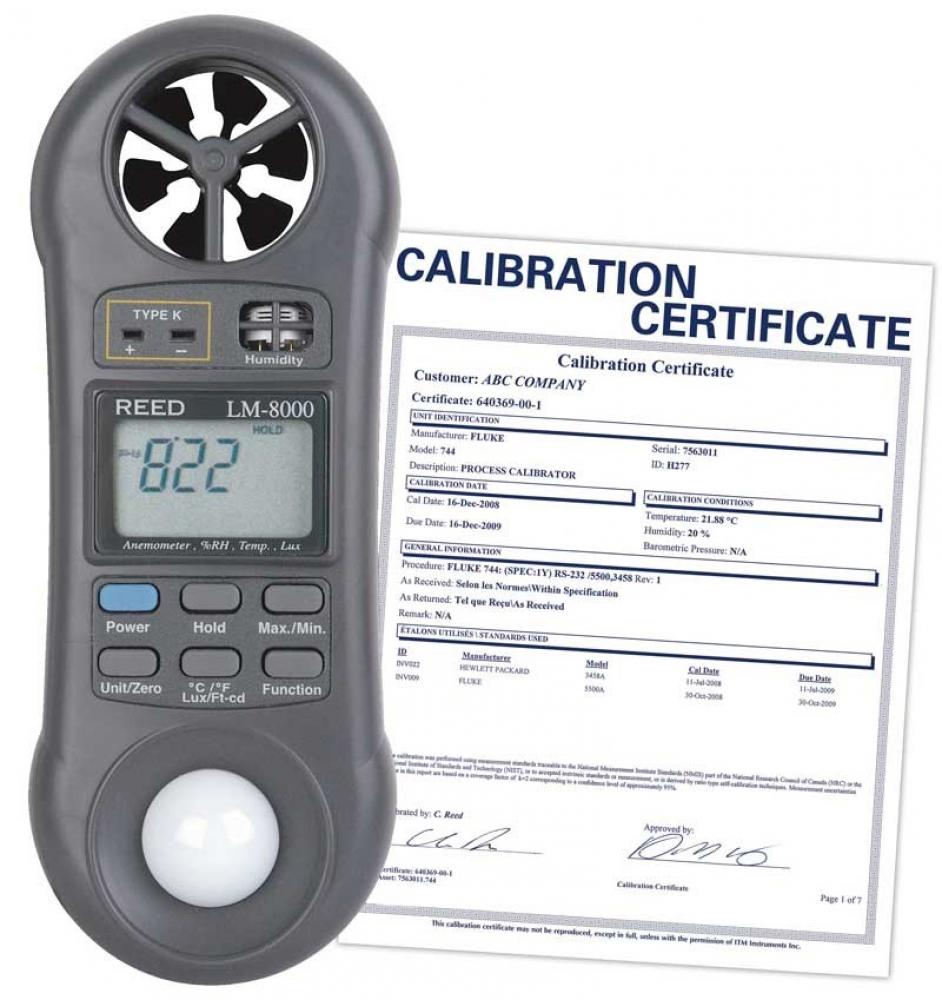 REED LM-8000-NIST 6-in-1 Multi-Function Environmental Meter, includes NIST Traceable Certificat