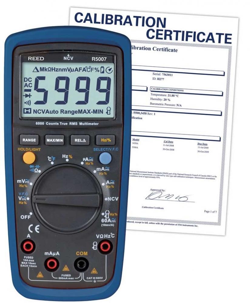 REED R5007 TRMS Digital Multimeter with Non-Contact Voltage Detector, includes NIST Traceable C