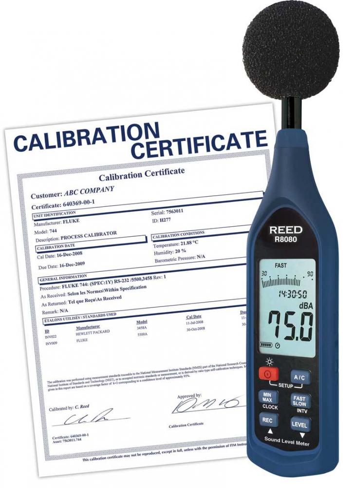 REED R8080 Sound Level Meter, Datalogger with Bargraph, 30 to 130 dB, includes NIST Traceable C