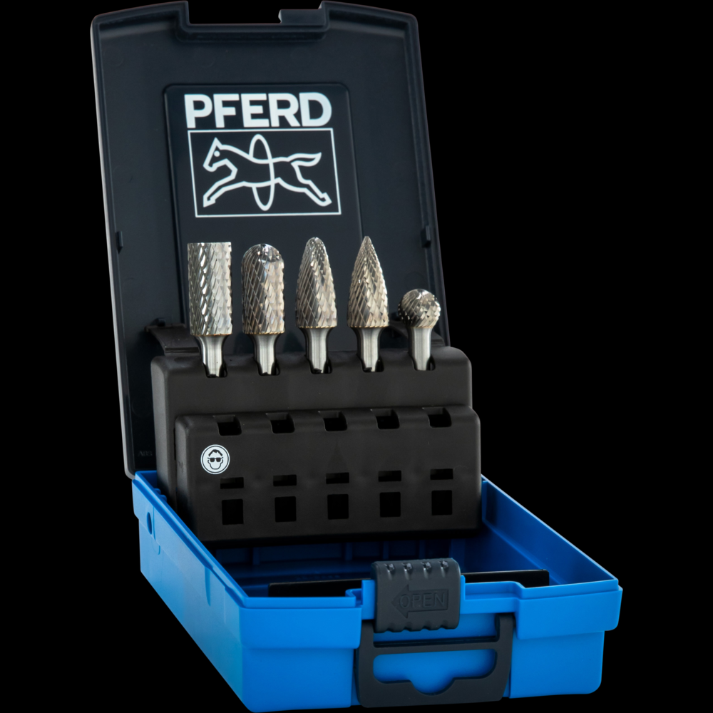 PFERD Carbide Bur Set 5 Piece TOUGH Cut/Double Cut 1/4&#34; Shank Plastic Case