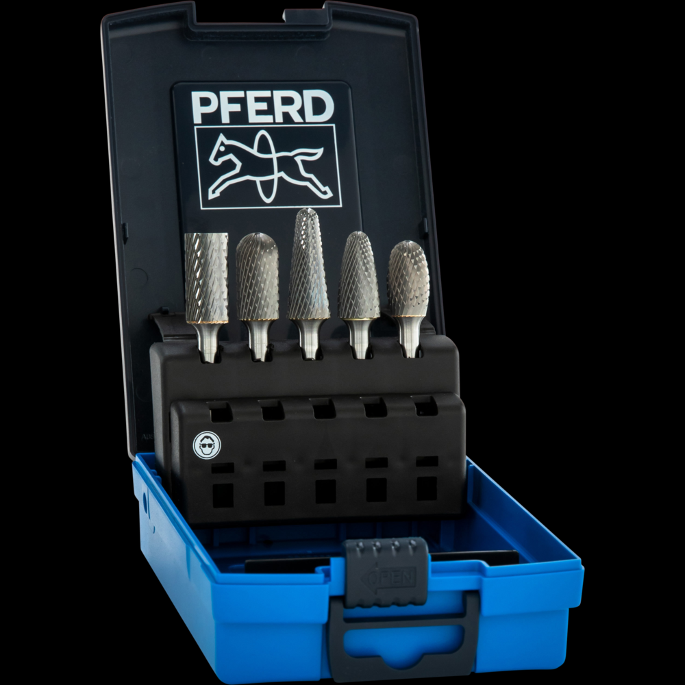 PFERD Carbide Bur Set 5 Piece Diamond Cut 1/4&#34; Shank Plastic Case