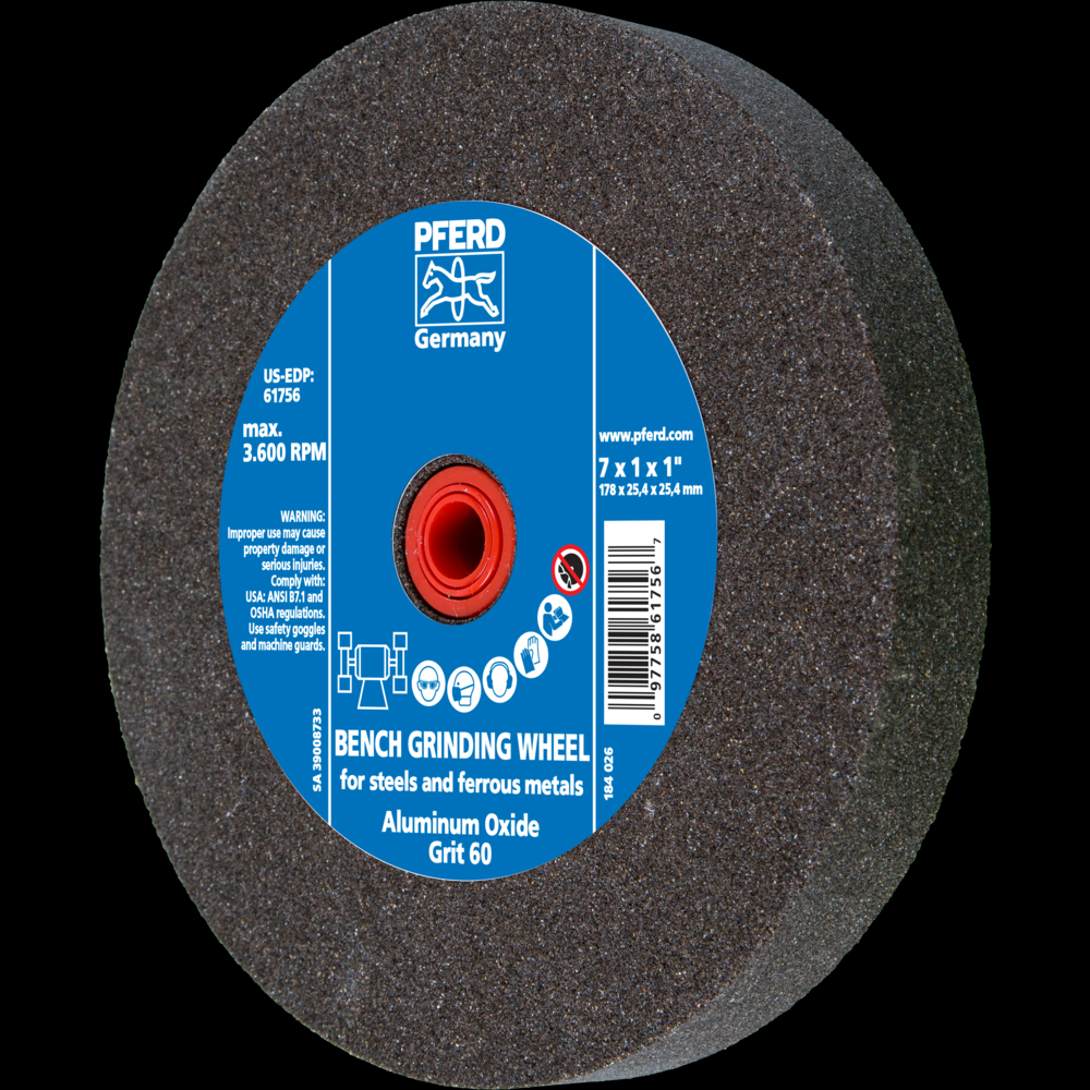 PFERD Vitrified Bench Wheel, UNIVERSAL, 7&#34; x 1 x 1, 60 Grit, Aluminum Oxide