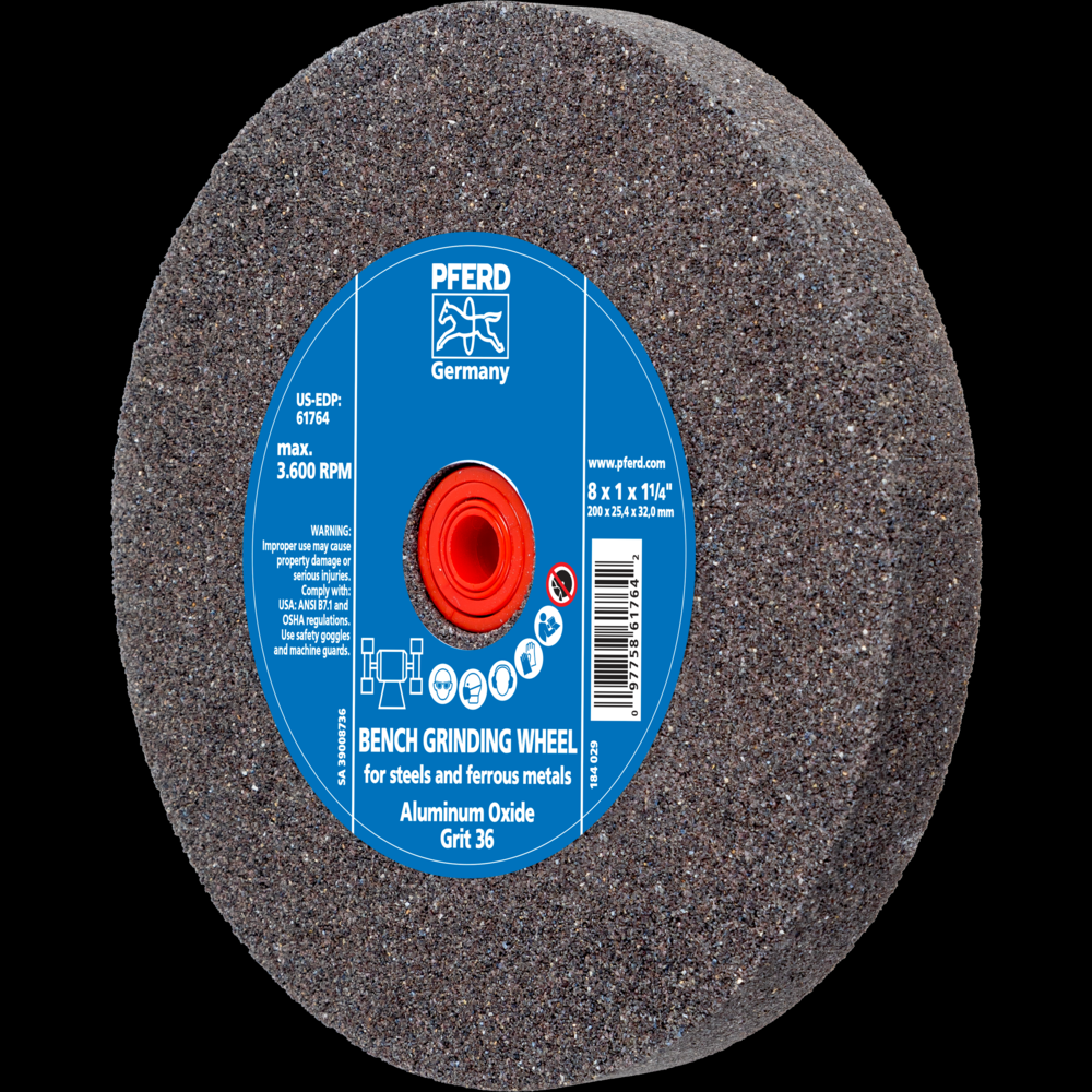 PFERD Vitrified Bench Wheel, UNIVERSAL, 8&#34; x 1 x 1-1/4, 36 Grit, Aluminum Oxide