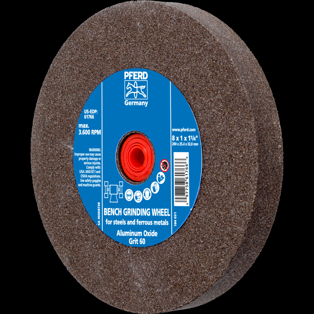 PFERD Vitrified Bench Wheel, UNIVERSAL, 8&#34; x 1 x 1-1/4, 60 Grit, Aluminum Oxide