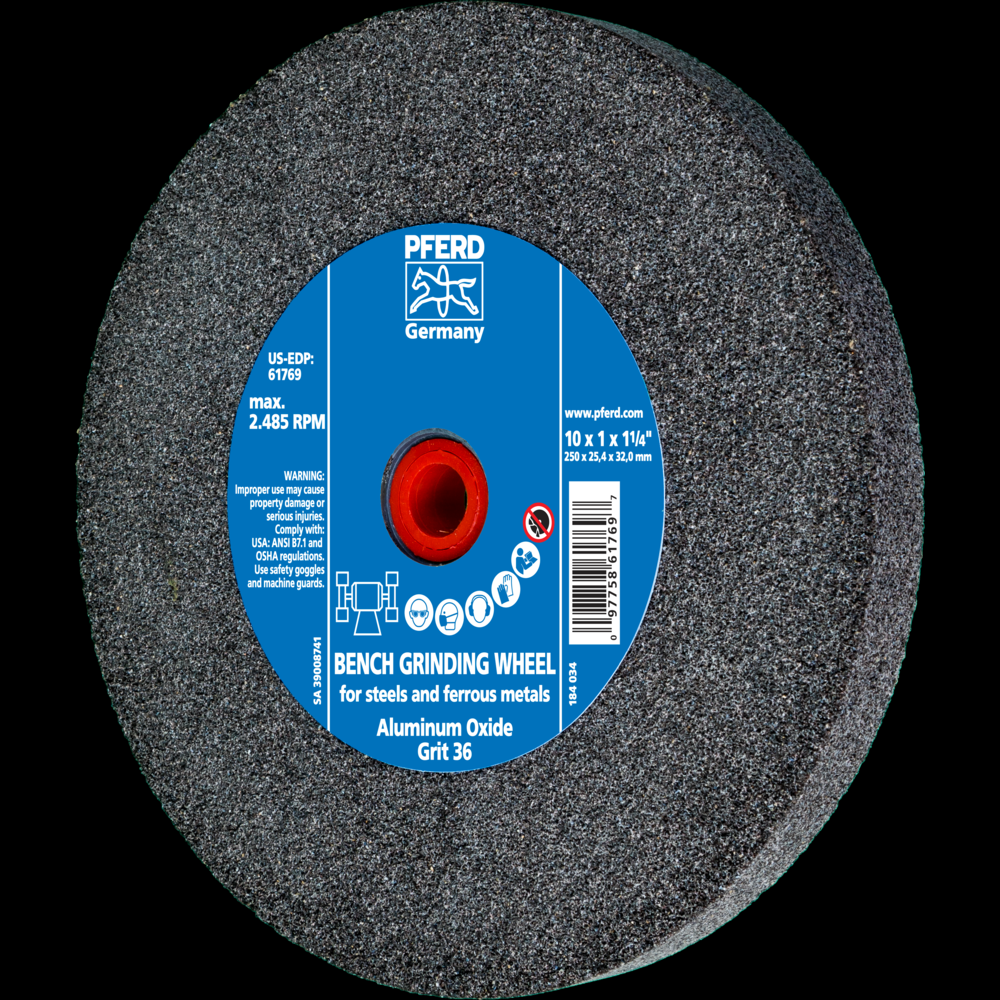 PFERD Vitrified Bench Wheel, UNIVERSAL, 10&#34; x 1 x 1-1/4, 36 Grit, Aluminum Oxide