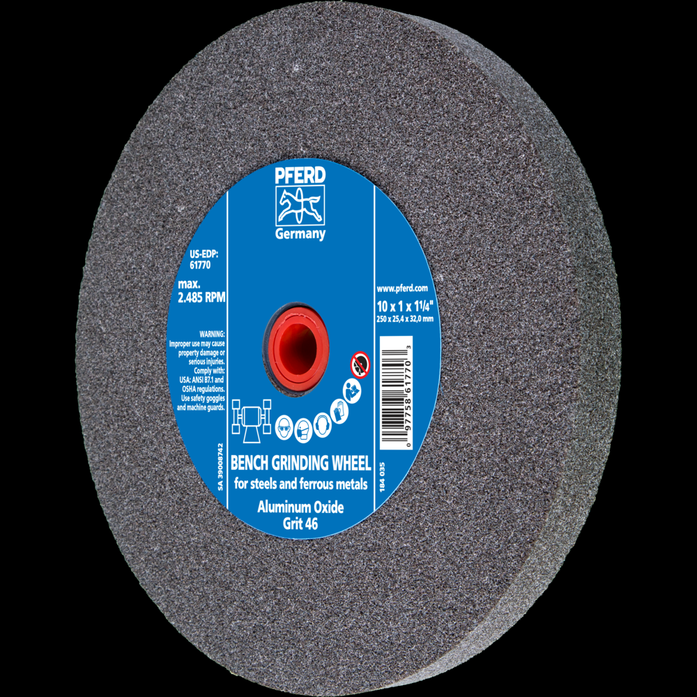 PFERD Vitrified Bench Wheel, UNIVERSAL, 10&#34; x 1 x 1-1/4, 46 Grit, Aluminum Oxide