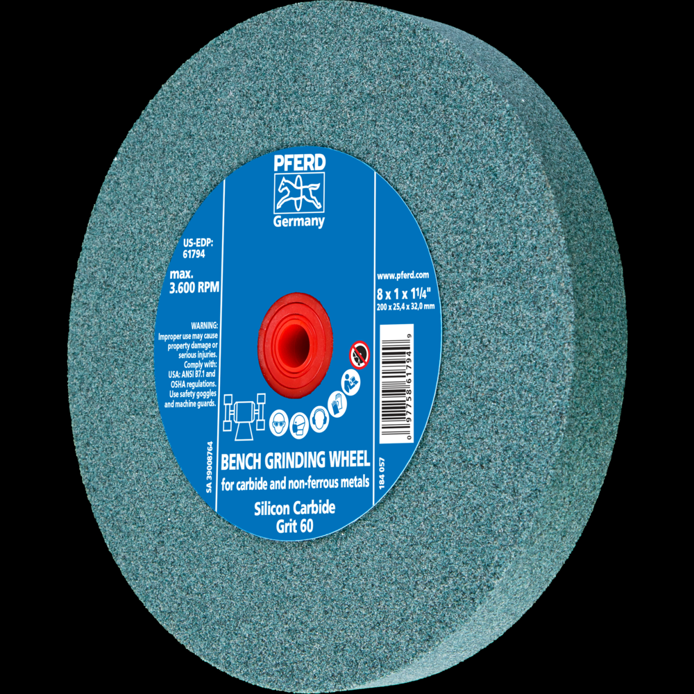 PFERD Vitrified Bench Wheel, CARBIDE, 8&#34; x 1 x 1-1/4, 60 Grit, Silicon Carbide