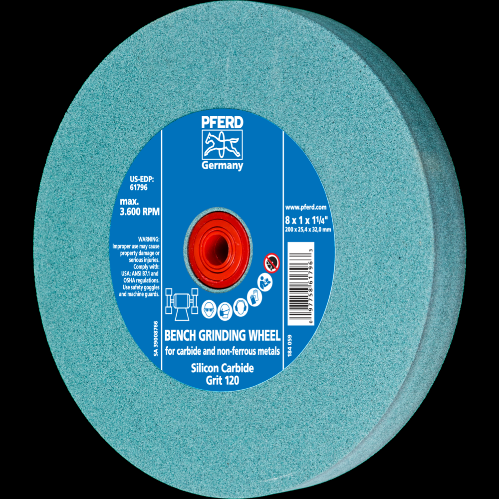 PFERD Vitrified Bench Wheel, CARBIDE, 8&#34; x 1 x 1-1/4, 120 Grit, Silicon Carbide