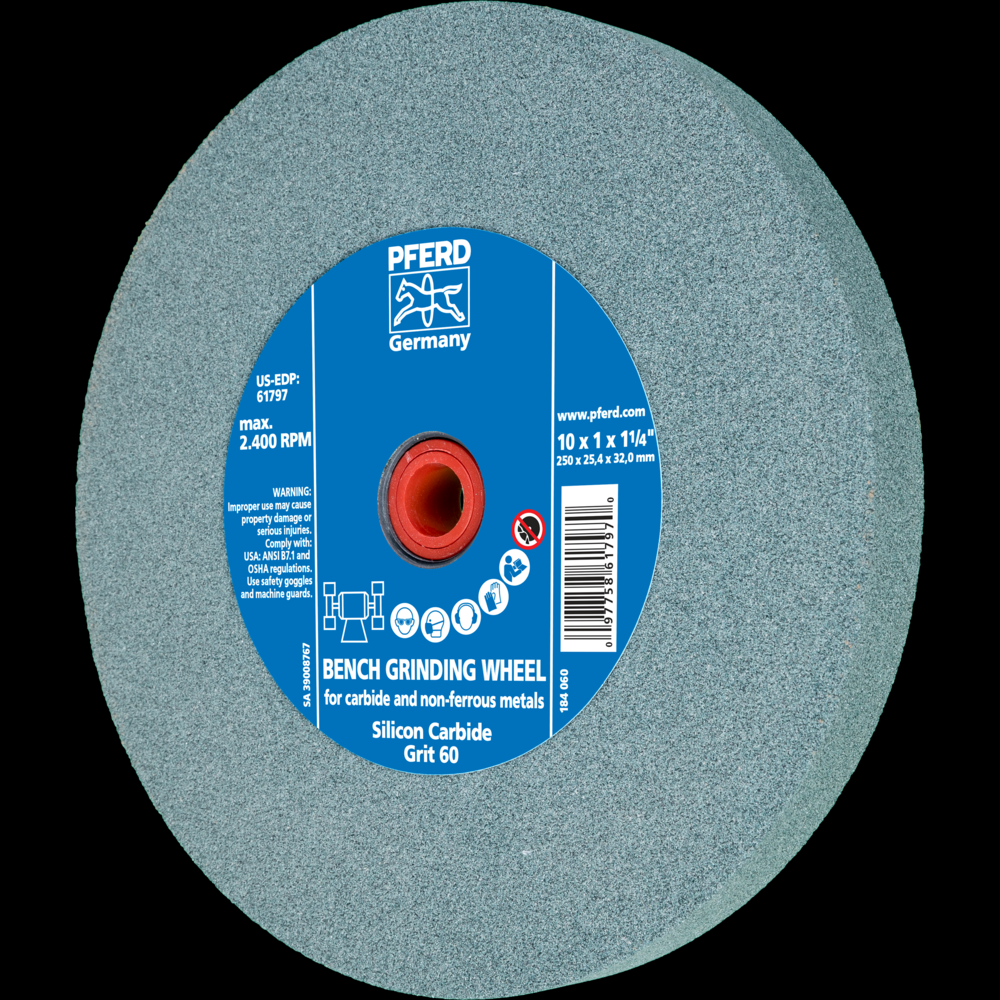 PFERD Vitrified Bench Wheel, CARBIDE, 10&#34; x 1-1/4 x 1-1/4, 60 Grit, Silicon Carbide