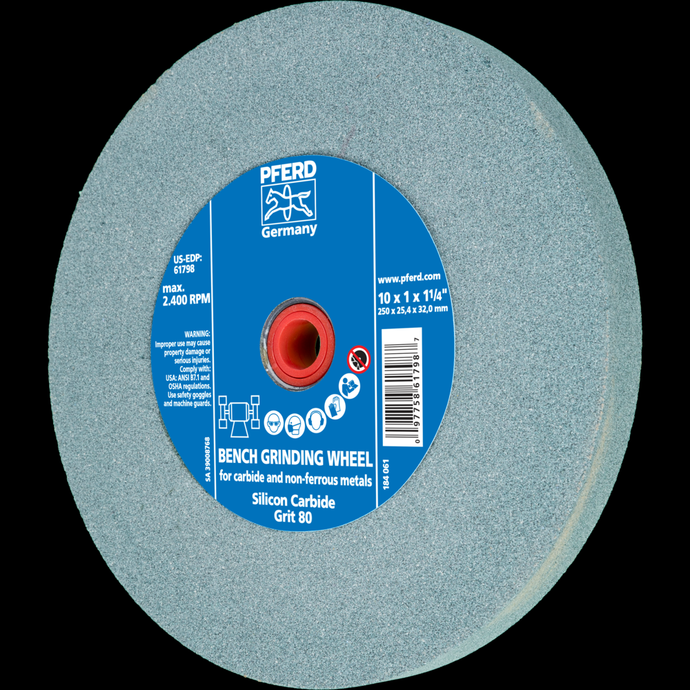 PFERD Vitrified Bench Wheel, CARBIDE, 10&#34; x 1-1/4 x 1-1/4, 80 Grit, Silicon Carbide