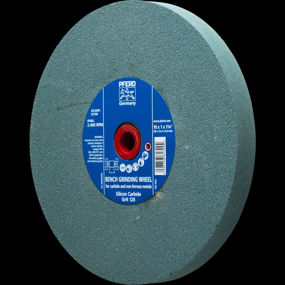 PFERD Vitrified Bench Wheel, CARBIDE, 10&#34; x 1-1/4 x 1-1/4, 120 Grit, Silicon Carbide