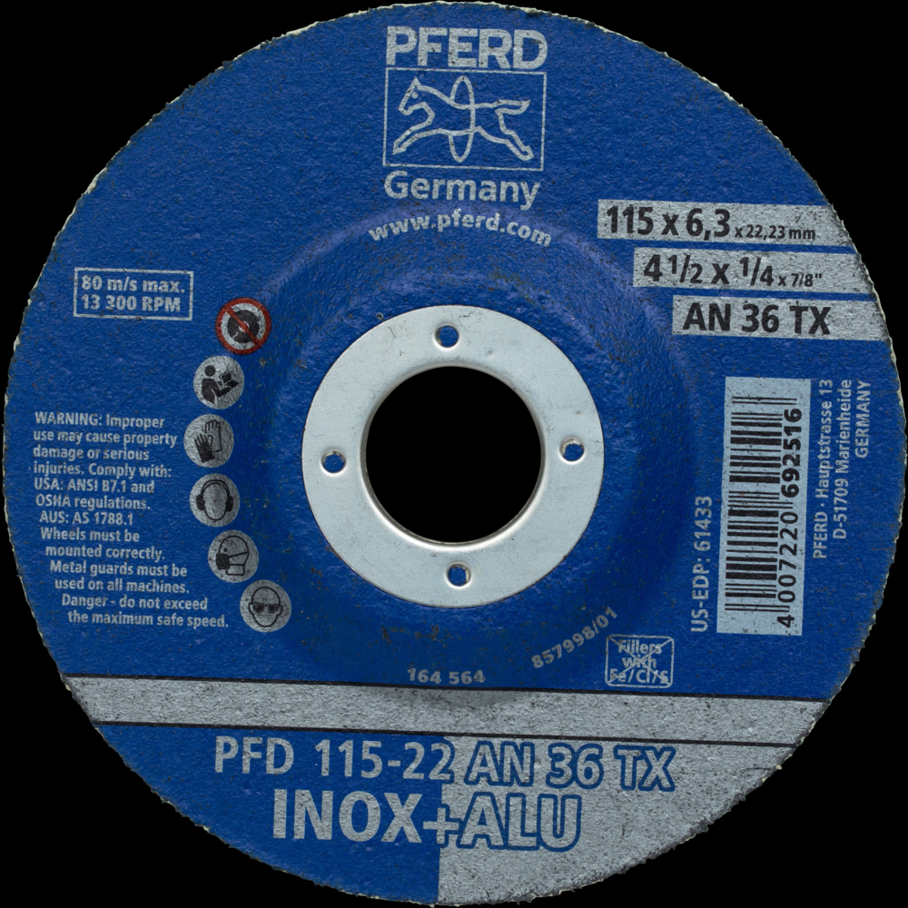 PFERD Textile Wheel for Angle Grinders, 4-1/2&#34; x 1/4 x 7/8, 36 Grit,T27,Aluminum oxide