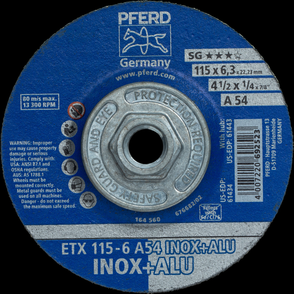 PFERD Textile Wheel for Angle Grinders,4-1/2&#34; x 1/4 x5/8-11,54 Grit,T27,Aluminum oxide