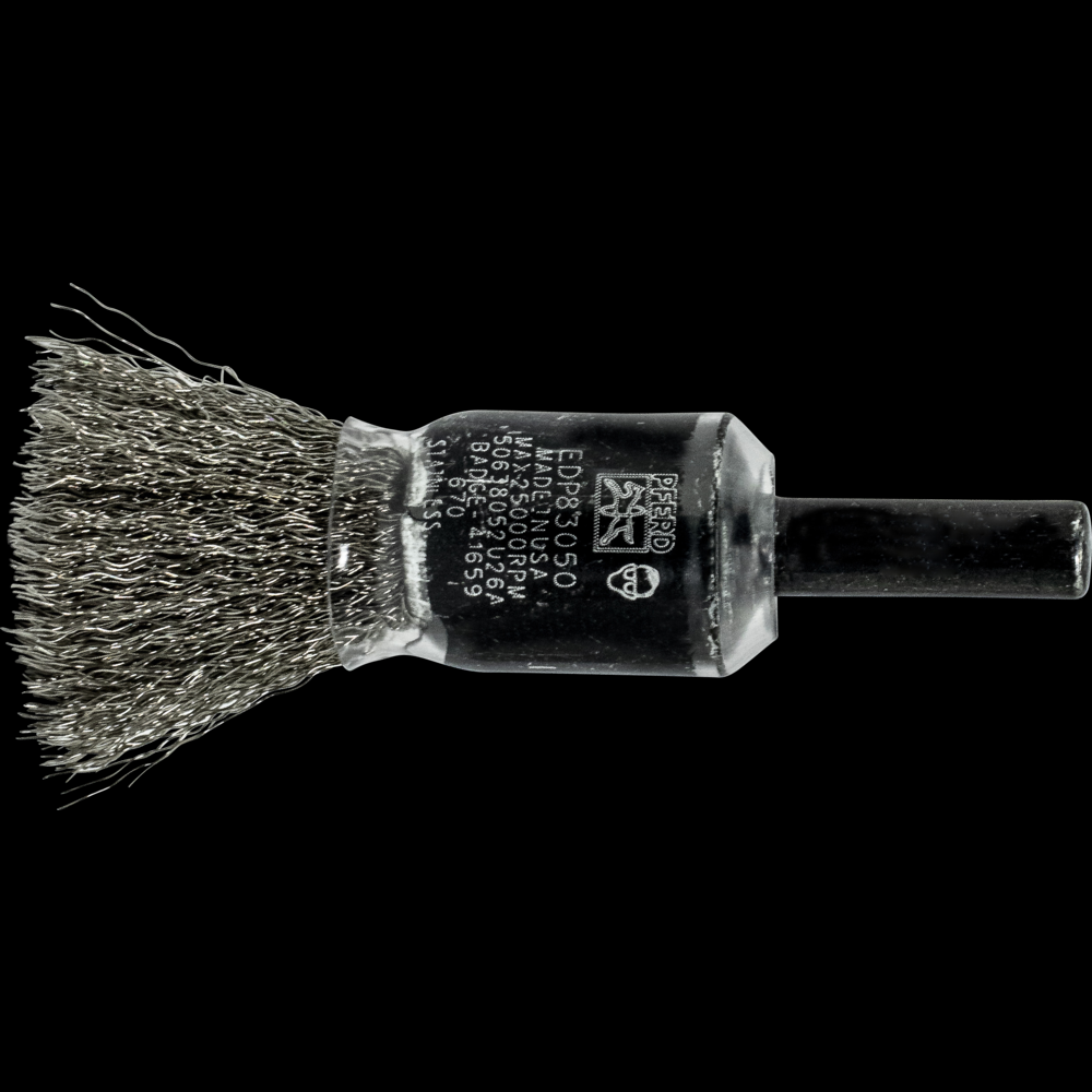 PFERD Crimped Wire Coated Cup End Brush 1/2&#34; Dia. .006 Stainless Steel 1/4&#34; Shank