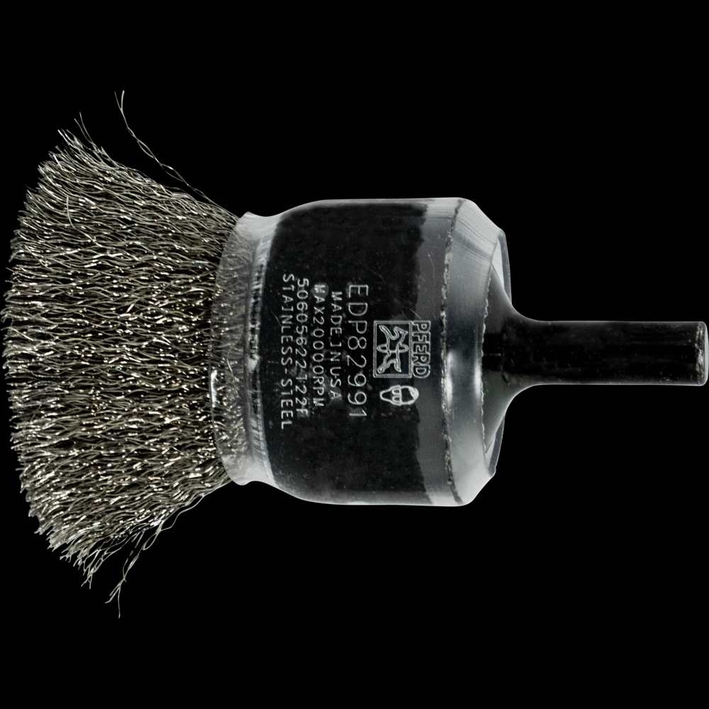 PFERD Crimped Wire Coated Cup End Brush 1&#34; Dia. .006 Stainless Steel 1/4&#34; Shank