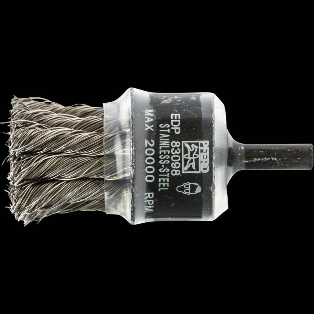 PFERD Knot Wire End Brush 1&#34; Dia. Coated Flared Cup .014 Stainless Steel 1/4&#34; Shank