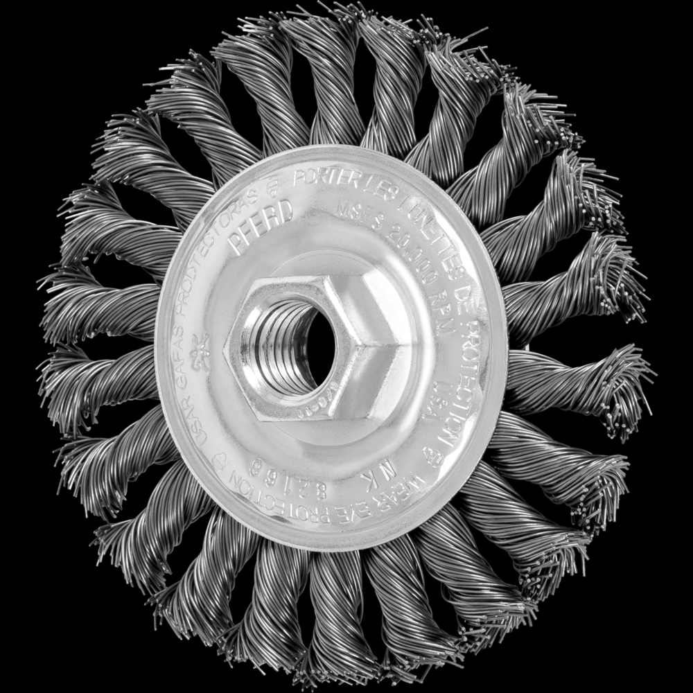 PFERD Full Cable Knot Wheel Brush 4&#34; Dia. .020 Carbon Steel 5/8-11&#34; Thread Retail