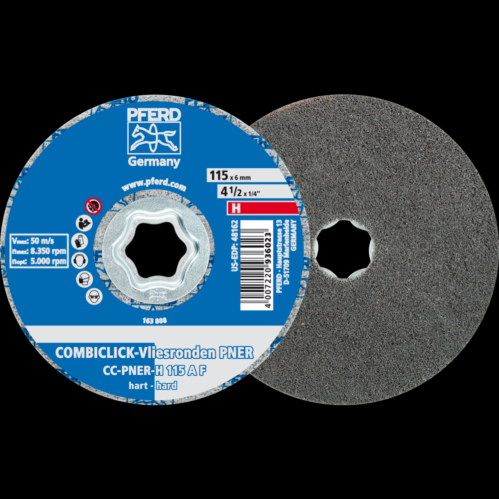 PFERD COMBICLICK® Unitized Disc, 4-1/2&#34; Dia, Fine, Hard, 8AM, Aluminum Oxide