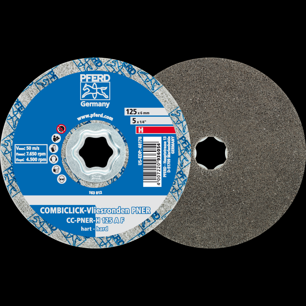 PFERD COMBICLICK® Unitized Disc, 5&#34; Dia, Fine, Hard, 8AM, Aluminum Oxide