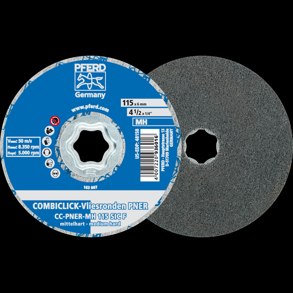 PFERD COMBICLICK® Unitized Disc, 4-1/2&#34; Dia, Fine, Medium-Hard, 6SF, Silicon carbide